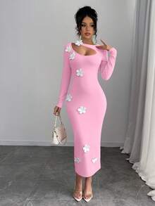 Selianne Đầm maxi nữ gợi cảm với họa tiết hoa rỗng - Hồng - Xem 4