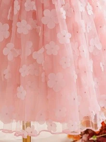 SHEIN Glamorique Kids Girls' White Bow Waist Embroidered V-Back Elegant Party Dress, Suitable For All Seasons - Pink - View 6