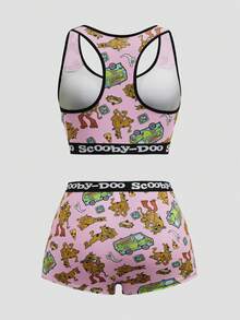 SCOOBY-DOO X SHEIN Women's Round Neck Cartoon Letter Print Bra And Briefs Casual Cute Lingerie Set - Pink - View 2