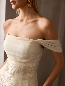 MOTF PREMIUM WOMEN'S OFF-SHOULDER GOWN WITH RUCHED CHEST ACCENTS, GOLDEN JACQUARD DETAILS – IDEAL FOR WEDDINGS, GALA DINNERS, AWARD CEREMONIES & COCKTAIL PARTIES - Gold - View 2