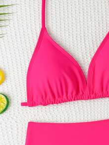 SHEIN Teen Girls Bikini Sets,Solid Magenta Two-Piece Swimsuit,Adjustable Drawstring Triangle Bottom Cute Bathing Suit For Summer,Beach,Holiday,Pool Parties - Hot Pink - View 3