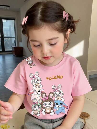 女婴休闲舒适圆领短袖T恤，可爱卡通兔子图案设计，轻薄透气，适合春夏穿着，时尚街头风，户外、上学、聚会、送礼皆宜。