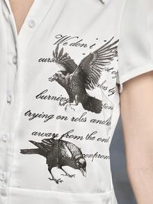 ROMWE Gothic Lolita Crow Print Puff Sleeve Fitted Women Shirt - White - View 4