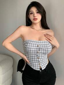 DAZY 女士格子不对称下摆抹胸上衣，单排扣设计，性感女士上衣，外出上衣，露脐上衣 - 黑與白 - 查看 6