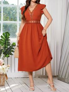 Reflora 大码女式春夏连衣裙，白色针织提花弹力蕾丝拼接领口和腰部A字长袖连衣裙 - 橘色 - 查看 5