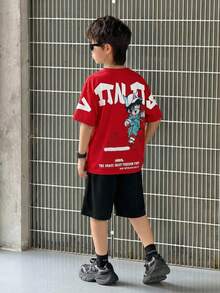 SHEIN Little Byeori 2pcs/Set Kids/Tween Boys Red And Black Graphic Print Loose Fit Round Neck Short Sleeve Knit T-Shirt And Shorts Set,Summer Streetwear City Break Style - Red - View 3