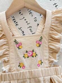 SHEIN Babygirl Casual Vacation Camel Floral Print Ruffle Hem Romper - Apricot - View 5