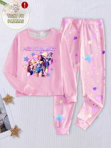 少女夜光睡衣套装，上衣印有女孩团体图案，打底裤印有星星和爱心图案，紧身款式，尺码偏小，建议选大一码。 - 灰色 - 查看 5