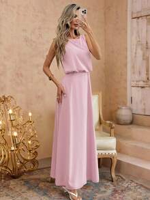 SHEIN LUNE Soft Pink,Summer,Elegant,Wedding Ninang Backless Waist Flared Dress For Women,Bridesmaid, Dates,Vacation,Spring/Summer Party Wedding Guest - Pink - View 6