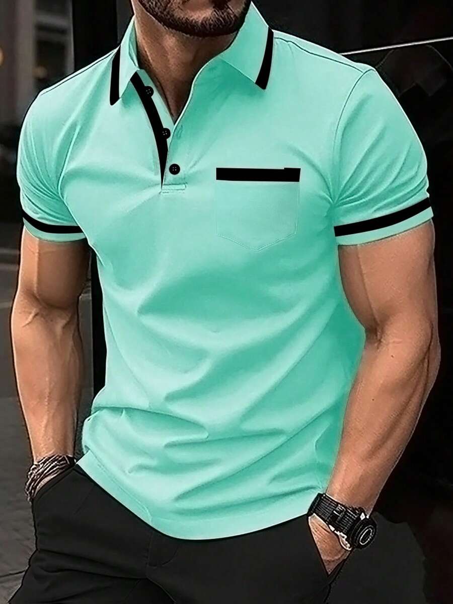 Manfinity Mode Men's Classic Casual Quarter-Button Short Sleeve Polo Shirt - Mint Green - View 1