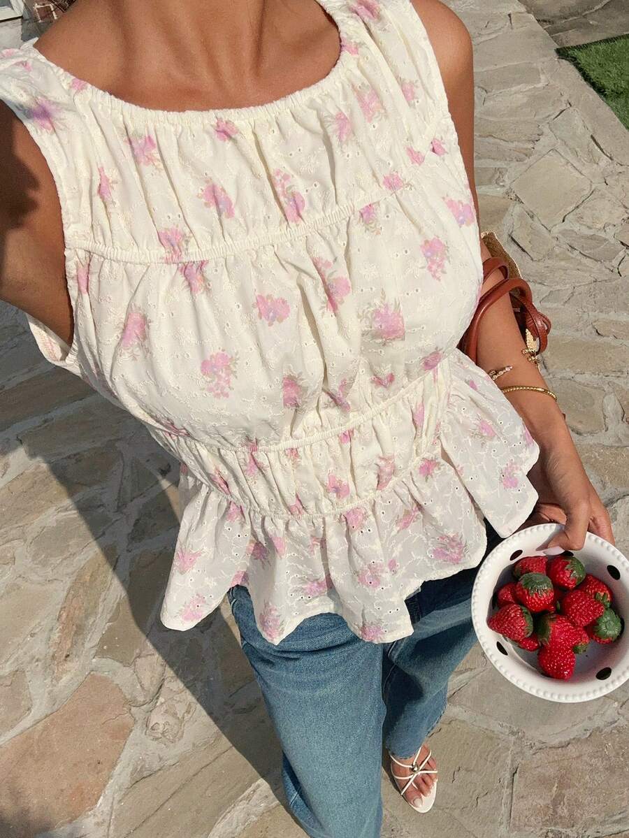 Serisse 女士圆领无袖荷叶边刺绣印花衬衫 - 淺粉色 - 查看 1