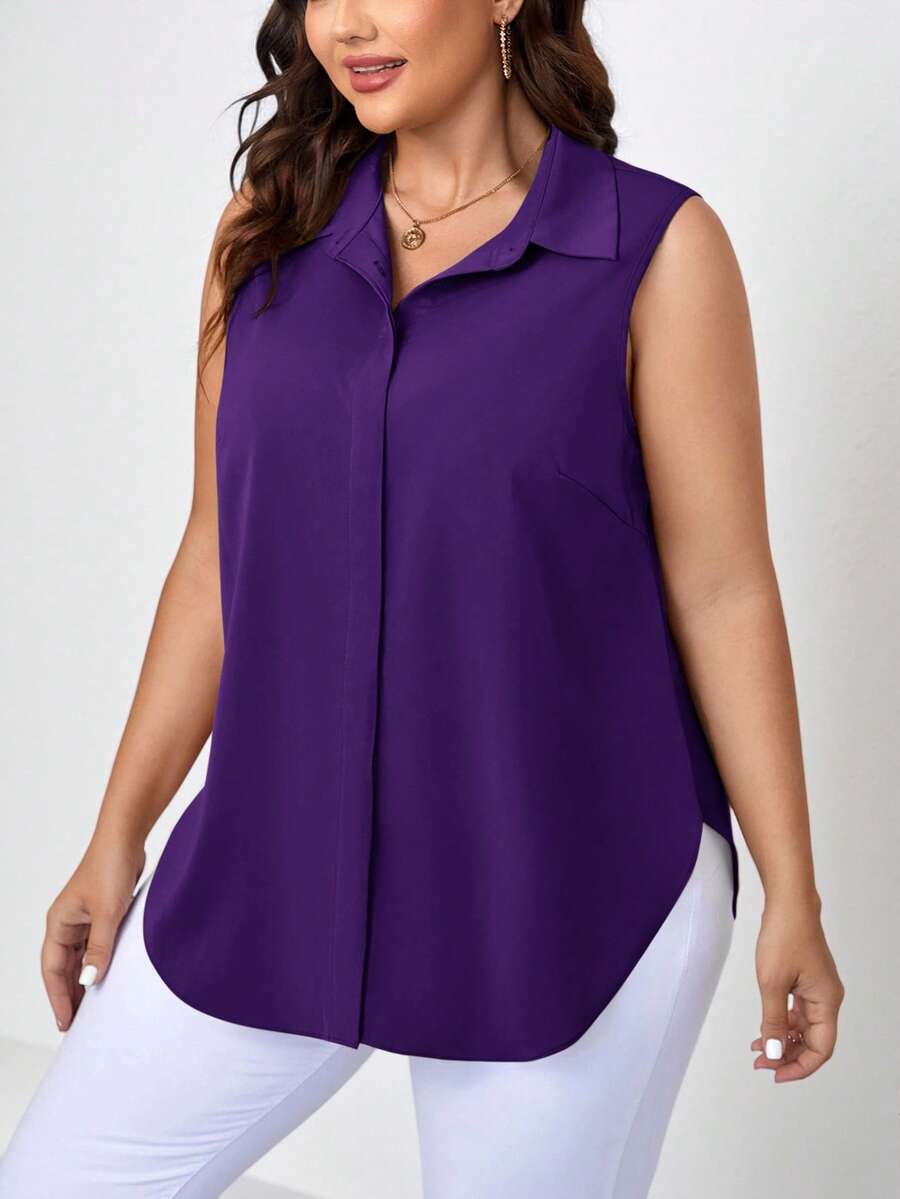 SHEIN Clasi Plus Size Women's Casual Sleeveless Solid Color Shirt, Summer - Purple - View 1
