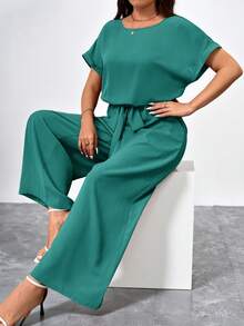 SHEIN Clasi Plus Size Elegant Round Neck Jumpsuit With Waist Belt And Wide Leg - Teal Blue - View 4