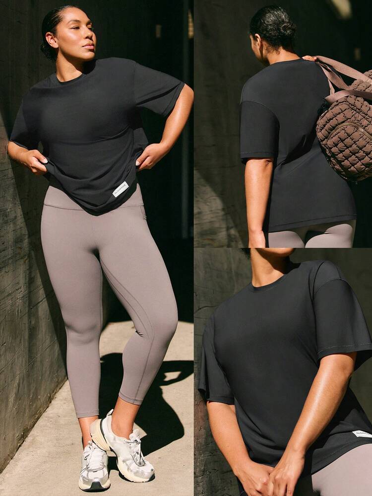 Plus Size Big Easy Cooling Moisture-Wicking Quick-Dry Relaxed Fit Hip Length Crewneck T-Shirt Gym Workout Studio Daily Casual Wear