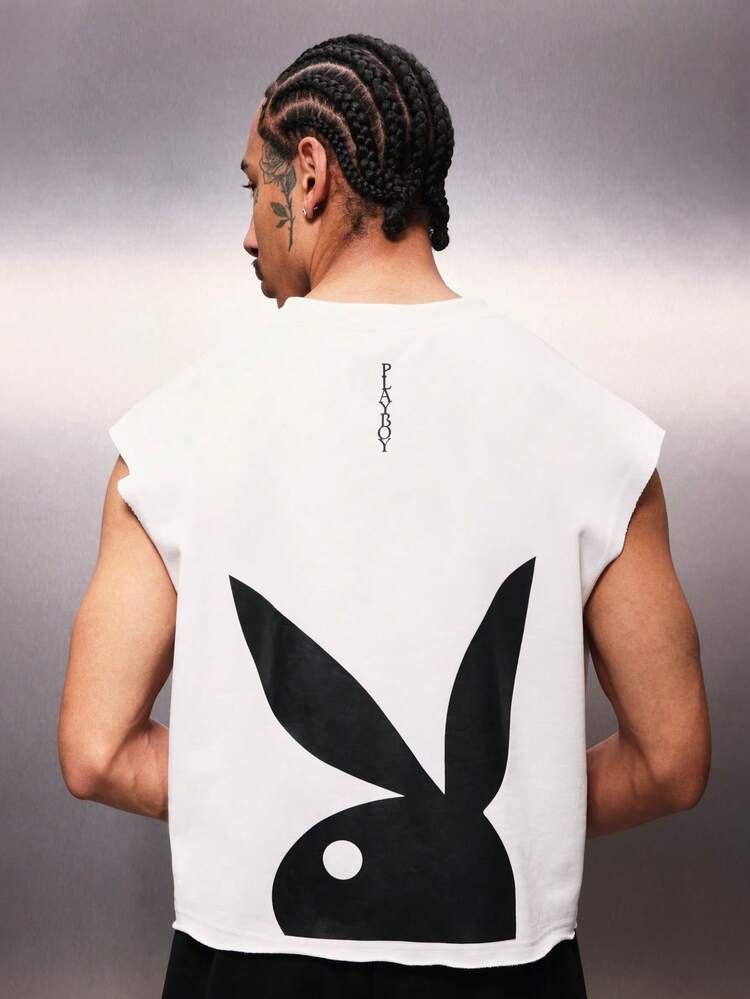 PLAYBOY X SUMWON Canotta da uomo senza maniche con scollo a V e stampa del logo del coniglio sul retro, casual per l'estate
