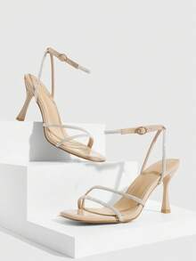CUCCOO SZL Women Fashion Shallow Gold Rhinestone High Heel Square Toe Sandals, Suitable For Commuting, Dating, Party For Christmas - Nude 1 - View 3