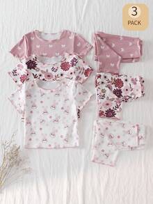 Baby Girls' Pink Floral Rabbit Bow Print Short Sleeve Top And Pants Set - Multicolor - View 6