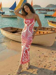 CAJUNI Tropical Coconut Tree Print Bodycon Dress, Form-Fitting - Red and White - View 5