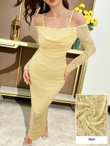 Modelyn 女士法式蕾丝吊带露肩修身开衩连衣裙 - 黃色 - 查看 5