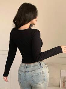 DAZY 休闲修身时尚街头风镂空拉链设计长袖T恤，女士春夏款 - 黑色 - 查看 4