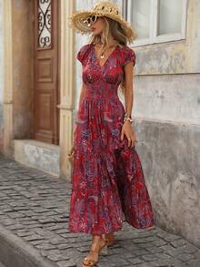 Brillora Women's Burgundy V-Neck Pleated Waist Cinched Boho Maxi Dress,Summer Holiday Vacation Bohemian Floral Wedding Guest Outfit,Elegant Short Sleeve Dress - Red - View 9