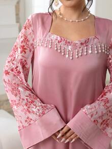 Al Najma Elegant Contrast Lace Flare Sleeve Dress, Spring/Summer - Pink - View 4