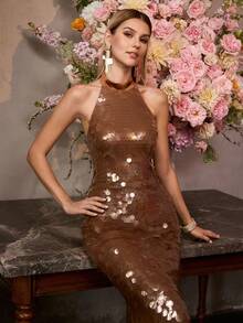 MOTF Soiréza WOMEN'S SEQUIN HALTER NECK SLEEVELESS MERMAID GOWN , IDEAL FOR WEDDINGS, GALA DINNERS, AWARD CEREMONIES AND RED-CARPET EVENTS - Coffee Brown - View 7