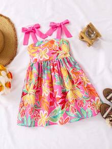 SHEIN Đầm thời trang mùa hè không tay buộc vai in họa tiết phối màu dành cho bé gái. - Hồng - Xem 6