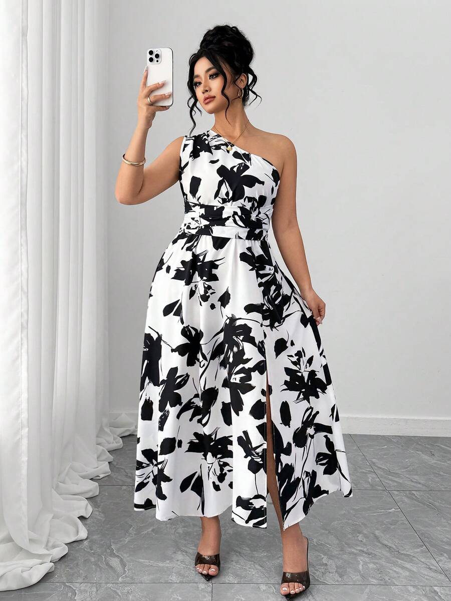 Elenzga 大码女式印花系带露肩性感优雅休闲度假浪漫连衣裙 - 彩色 - 查看 1