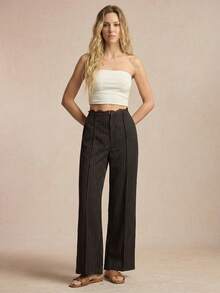 BizChic New Spring/Summer Black Striped Waistband Lace Trim Patchwork Slit Side Pocket Women's Pants - Black - View 3