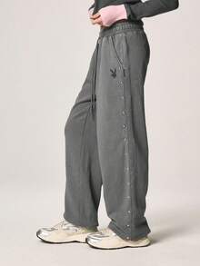 Missguided x Playboy Washed Studded Cuffed Jogger Sweatpants With Metal Studs And Bunny Logo Detail - Grey - View 4