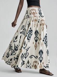 Ontre 女士印花亚麻混纺舒适吸湿面料常规腰部拼接褶皱中长A字裙，现代都市时尚商务休闲办公装，优雅机场邮轮造型，百搭高品质轻盈奢华半身裙 - 彩色 - 查看 4