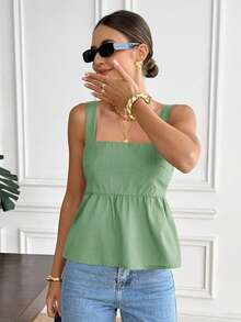 Serisse Women's Solid Color Ruched Back Twist Design Casual Versatile Top For Dates And Outings,Summer Top - Green - View 4