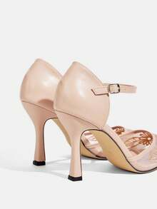 CUCCOO TILAWA 优雅杏色网纱刺绣细高跟尖头镂空女鞋（春秋季） - 杏色 - 查看 5