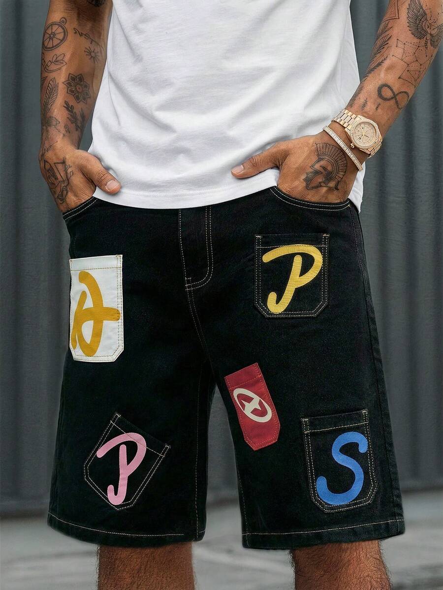 AXEPEAK Men's Washed Letter Print Fashion Denim Shorts - Black - View 1