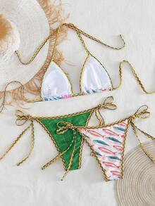 Swim Vcay 3pcs/Set New Random Print Triangle Halter Sexy Elegant Vacation Bikini Set With 2 Swim Bottoms, Beach Pool Party Women Swimwear - Multicolor - View 5