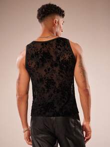 FeverCity Men's Flocked Mesh Round Neck Sleeveless Tank Top - Black - View 2