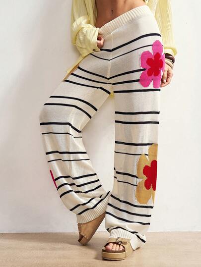 Bohemela Women's Striped Casual Knit Loose Straight Pants Sweater