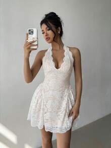 Aloruh 女士深V领蕾丝侧褶迷你连衣裙，适合婚礼季、春夏穿着 - 白色 - 查看 8