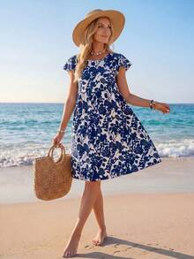 Sylviya 女士白色底蓝色碎花连衣裙，荷叶边下摆，适合春季穿着 - 藍白色 - 查看 4