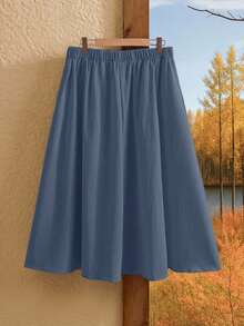 Rusticease Plus Size Elastic Waist Solid Color Casual Summer Versatile Skirt - Navy Blue - View 3