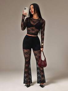 SHEIN PETITE 2pcs Women's Sexy Sheer Black Lace Top And Lace Pants Set, Stylish Design, Spring/Summer Lace Outfit Women Leopard Print Katseye Woman S 2 Piece Outfit Tights Two Piece Set Women Mesh Two Piece Set Lace 2 Piece Set - Black - View 5