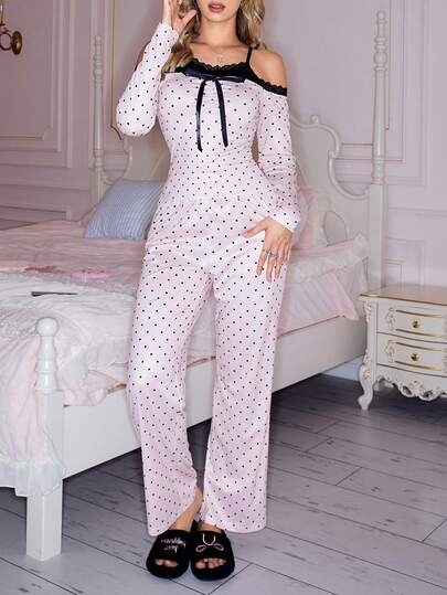 Sweet Polka Dot Pattern Camisole & Off-Shoulder Women Pajama Set