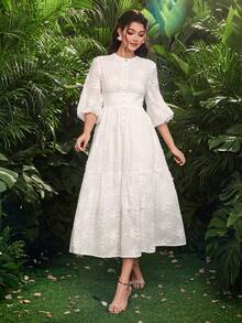 Modelyn Women's Stand Collar Pearl Button Waist Lantern Sleeve Midi Dress - White - View 3