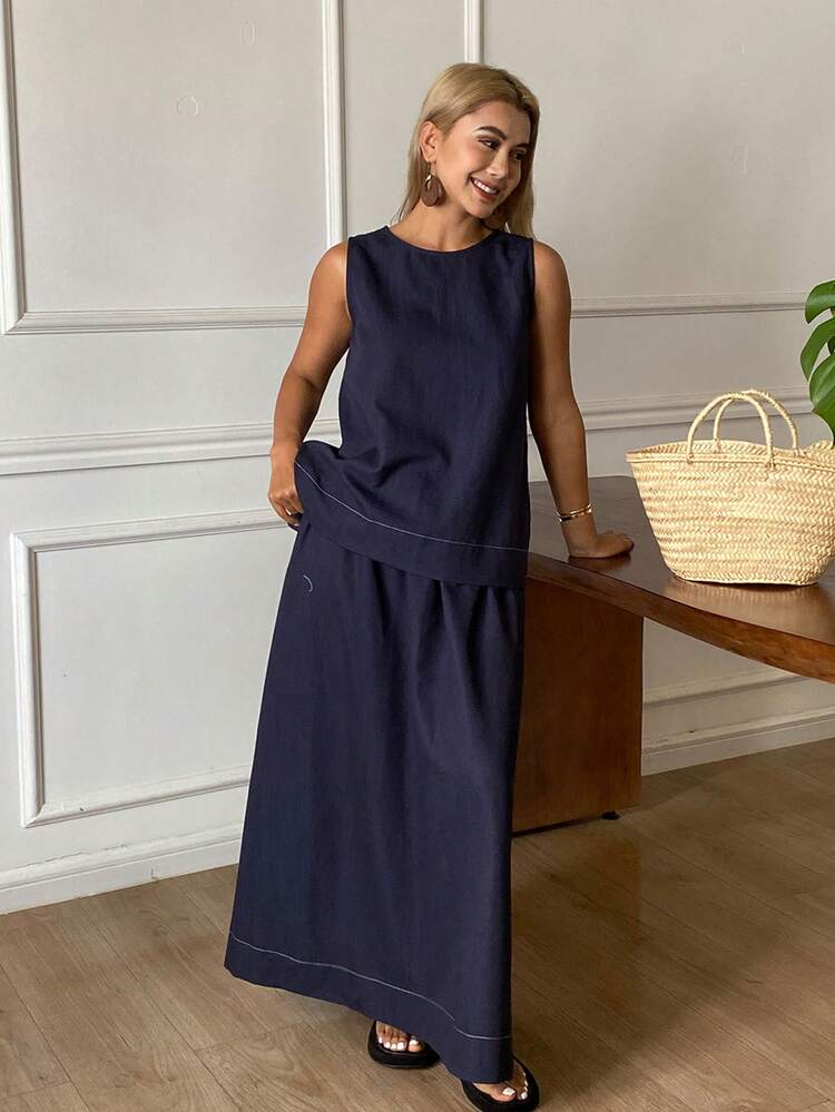 Spring Elegant Commuting Round Neck Sleeveless Top & Casual Skirt 2-Piece Set For Women