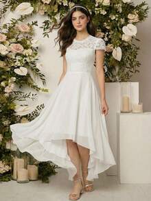 少女纯色蕾丝拼接优雅短袖连衣裙 - 白色 - 查看 1