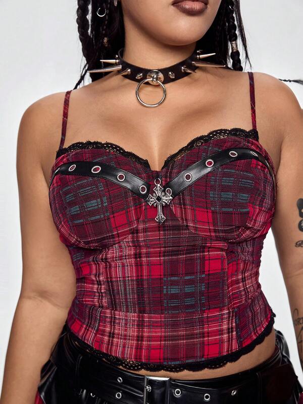 ROMWE Plus Size Vintage Gothic Cross Pendant Burgundy Plaid Fabric Camisole