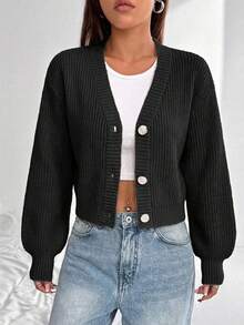 EURMUSE Solid Color V-Neck Dropped Shoulder Front Button Ribbed Cardigan - Black - View 5