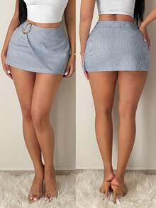 SHEIN SXY 女士金属装饰条纹紧身迷你裙 - 藍白色 - 查看 8