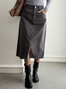 Livesso 女士宽松商务休闲高开衩直筒牛仔裙，时尚百搭，适合办公室、街头穿着，春夏皆宜 - 灰色 - 查看 5